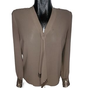 RW&CO Tan Blouse with Tie Neck and Sequins Details S